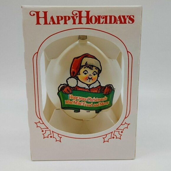 1989 Happy Holidays Campbells Soup Kids White Ball Christmas Collectors Ornament - Picture 1 of 11
